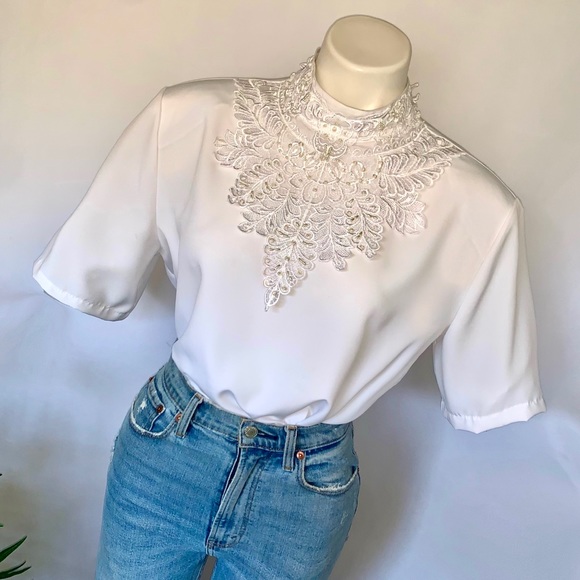 v i n t a g e :: Romantic Floral Lace High Neck Pearl Satin Blouse - Picture 1 of 14
